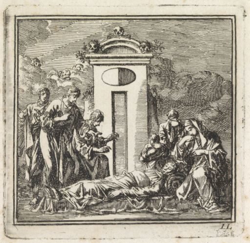 Six persons mourning at a deceased person
