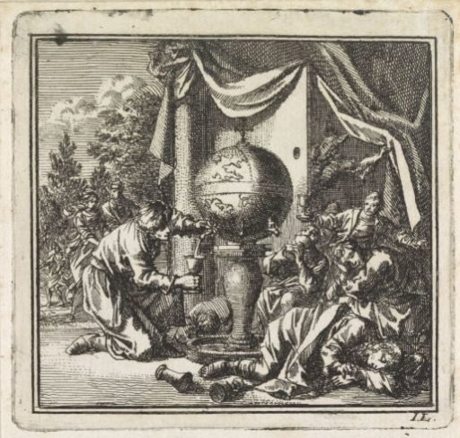Drunken figures around a tap in the shape of a globe