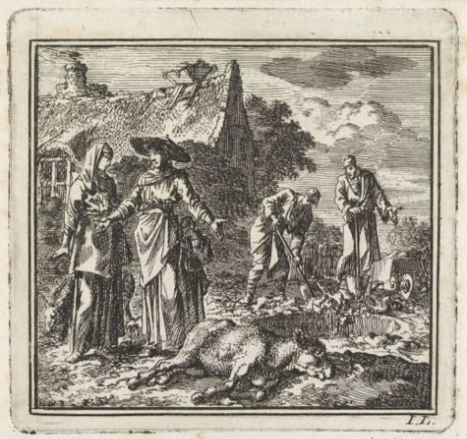 Two women with a drowned calf
