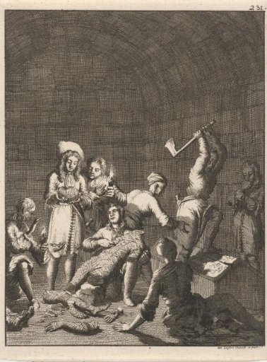 Figures finding a mummy in a pyramid
