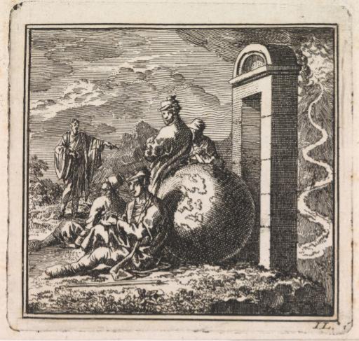 Several men rest at the world before the narrow gate