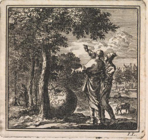 Two men compare the amount of fruit and leaves of a tree