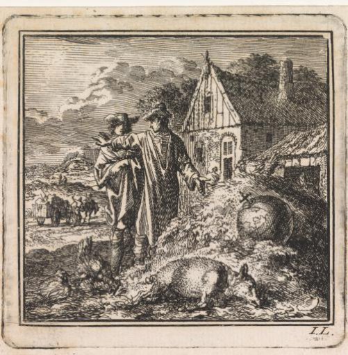 Two men at a dung heap on which a pig and the world lie