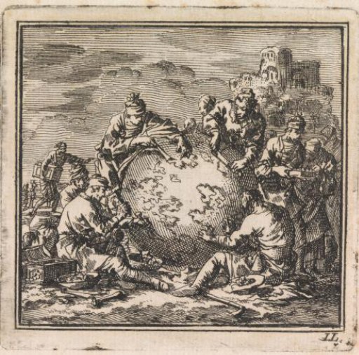 Several figures attempt to secure a piece of the globe for themselves