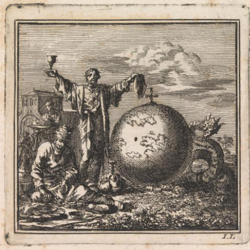 Two men enjoy drink and food while Satan watches from behind the globe