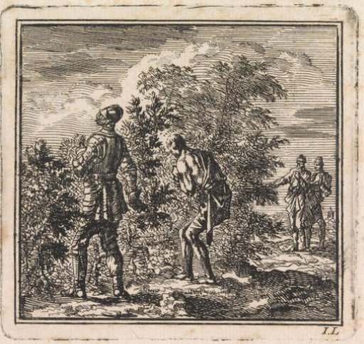 Armored man and a half-naked man try to walk through a thicket