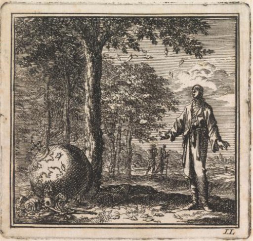 Man sees how a tree loses its leaves and at the trunk the world lies amidst bones