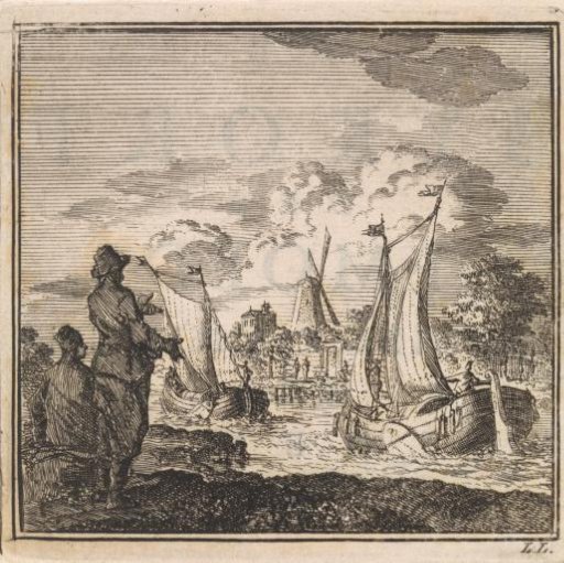 Two men looking at passing sailing ships