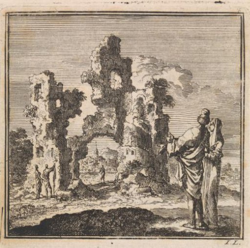 Two figures looking at the ruins of a castle