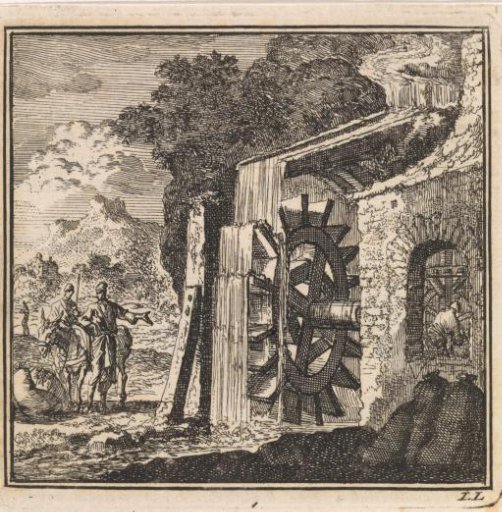 Travelers at a watermill