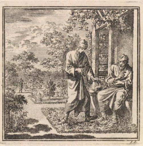 Two men in a garden near a summerhouse