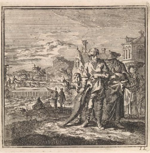 Fisherman showing a salmon to a woman and child