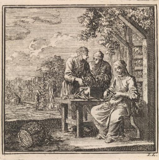 Three figures shelling peas near a summerhouse