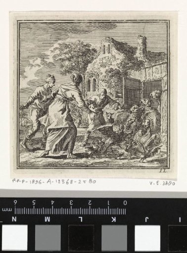 Three figures driving sheep and poultry into their shed