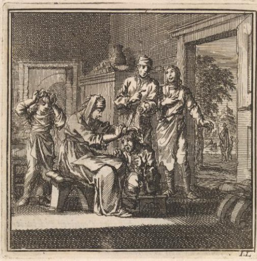 In a room, a woman combs a child's hair while a second child waits their turn