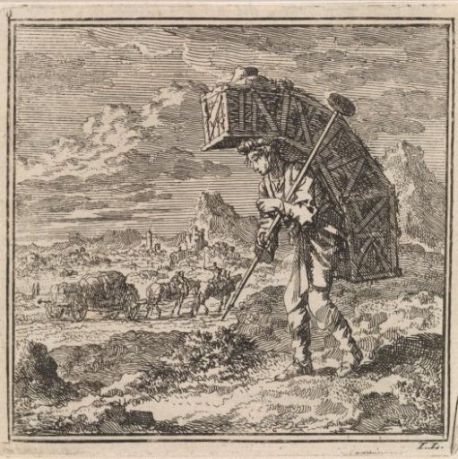 Hilly landscape with a glass seller bent under his wares
