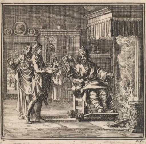 Man with gout in the foot having food served before the fireplace