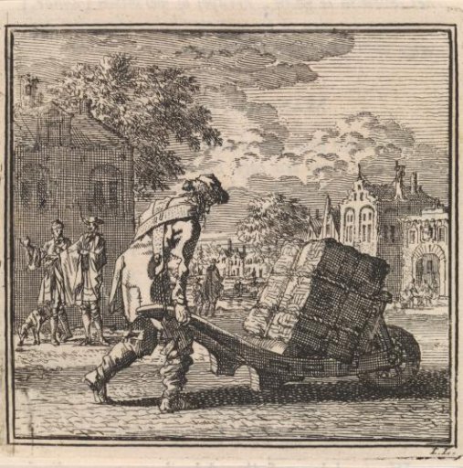 Man transporting a heavy package on a wheelbarrow