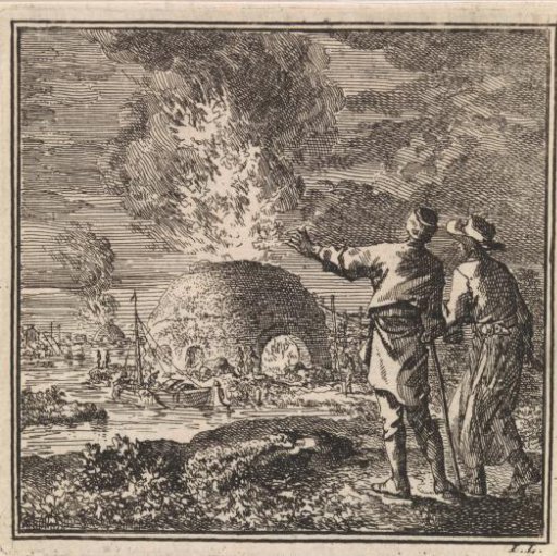 Two men pointing at a burning lime kiln