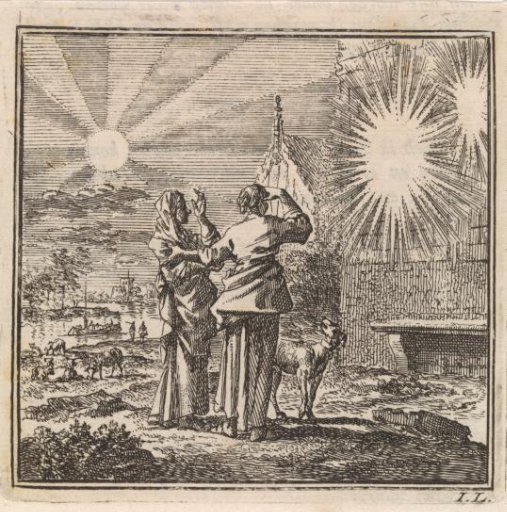 Two women shielding their eyes against the reflection of the sun on a window