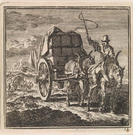 Heavily laden cart drawn by two horses