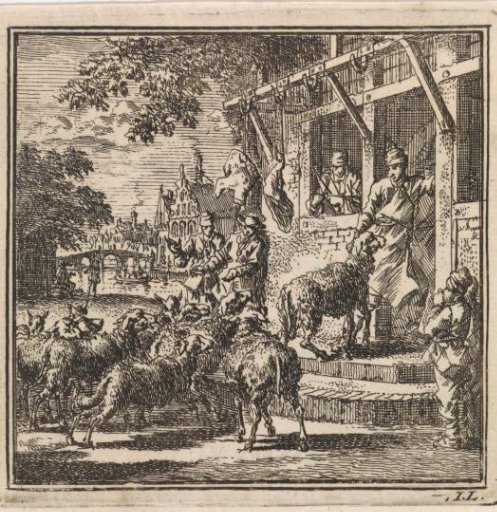 Sheep being led into a butcher's shop