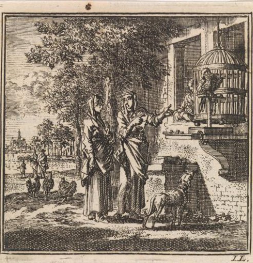 Two women listening to a talking parrot