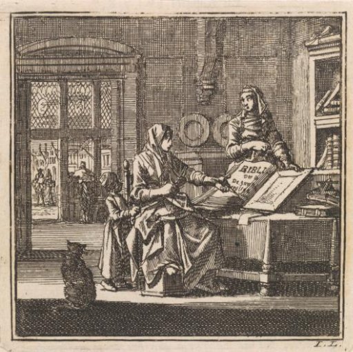In a room two women standing by an open Bible