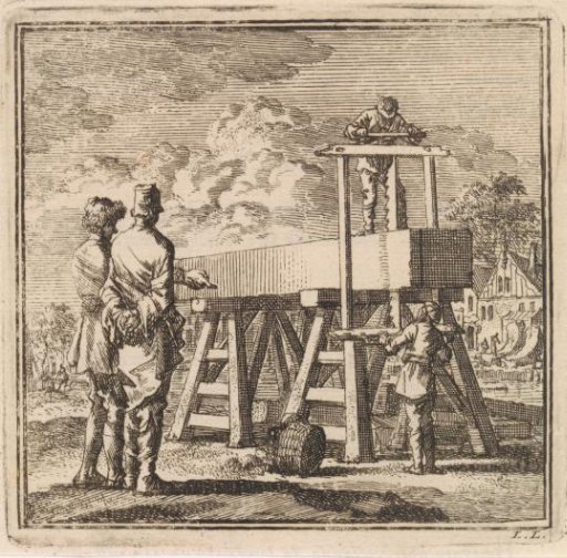 Two men watch as a large beam is sawn through