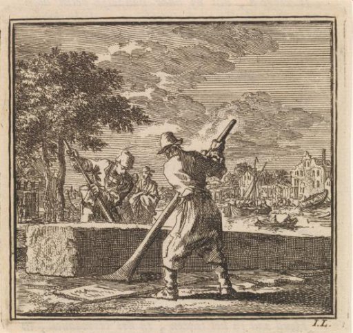 Two men move a beam with levers