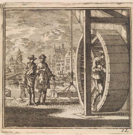 On a quay goods are unloaded with the aid of a treadwheel