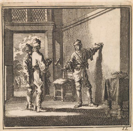 A man about to drive a nail into the wall while two others watch