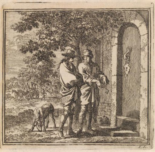 Two men with a key before a closed door