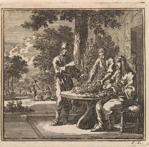 Man inspecting the plants that two men have brought him