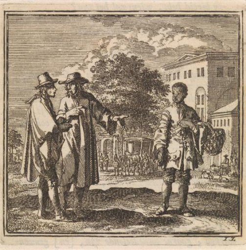 Two men pointing at a black boy