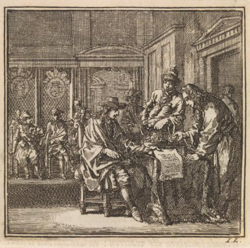 In a room, several men are busy with money