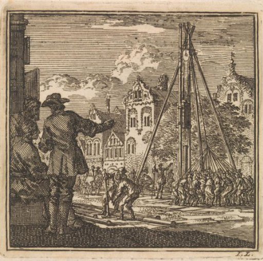 Several men watching a pile being driven into the ground with a pile driver
