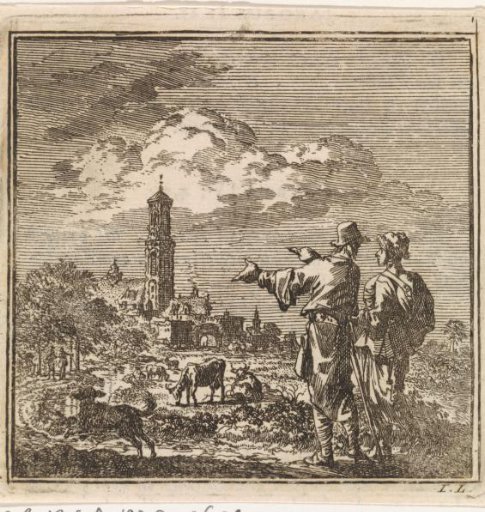 Two men looking at a church tower