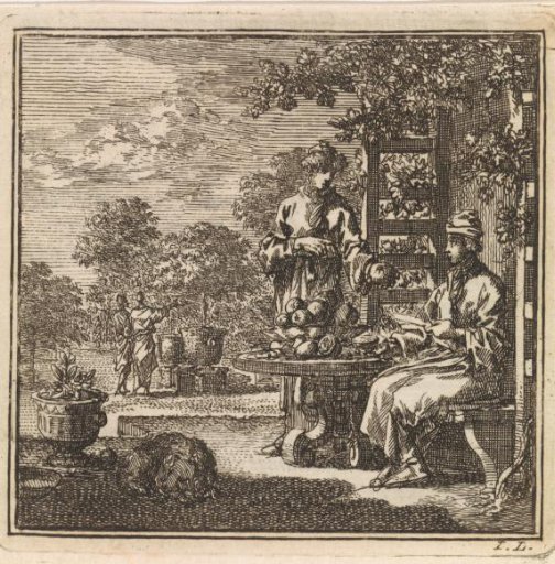 View of a garden where two men examine oranges