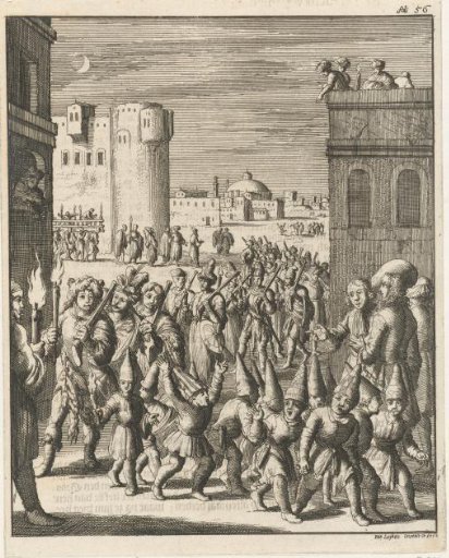 Procession of the shoemakers' guild at Aleppo, preceded by a group of boys with paper pointed caps