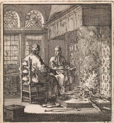 Two men warming themselves by the fireplace