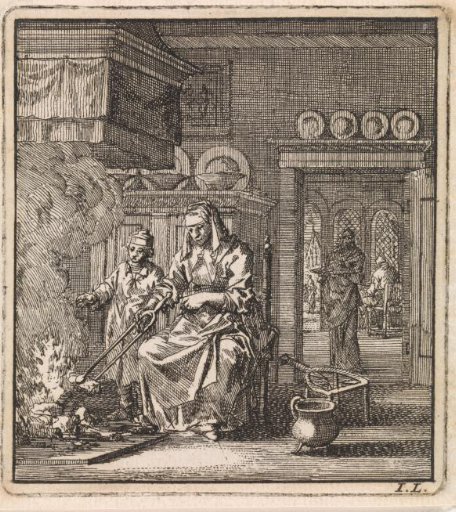 A woman laying turf in the fire with tongs