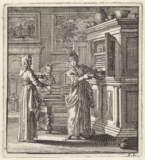 A woman taking items out of a cupboard