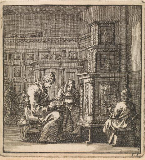 Three figures warming themselves by a stove