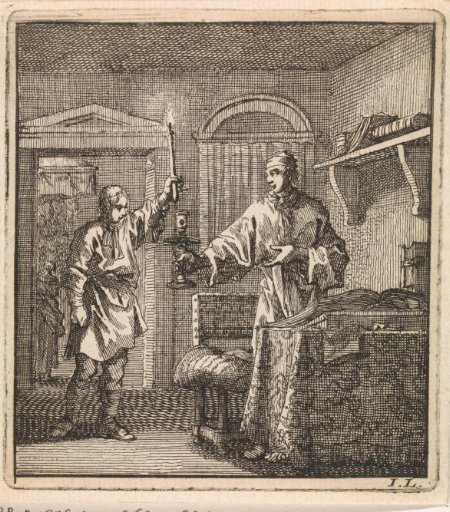 A man putting a burning candle into the candlestick which another man holds ready for him