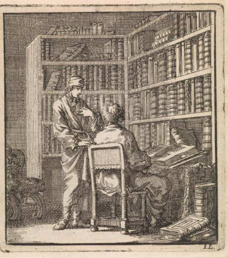 Two men by a bookcase