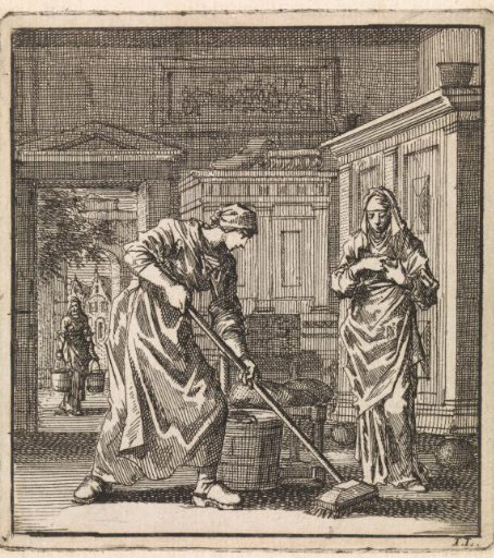 Woman scrubbing the floor with a laundry cart