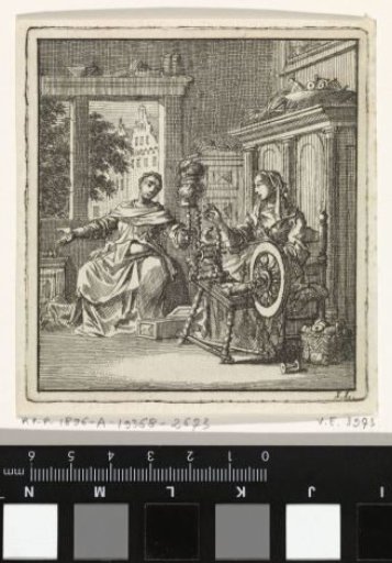 Woman spinning a thread and holding a conversation with another woman