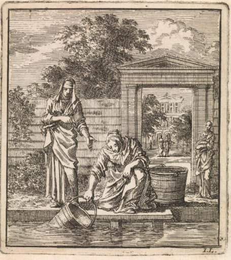 On a jetty a woman fills a bucket with water