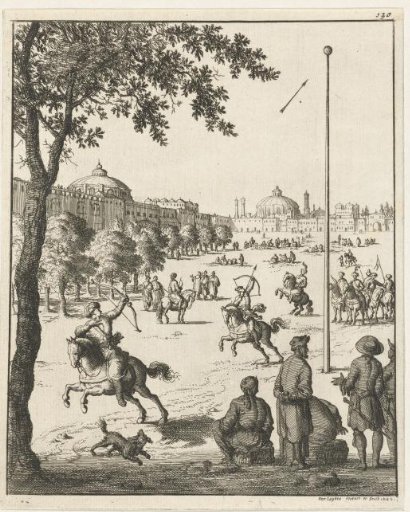 Shooting exercises of Persians on horseback with bow and arrow